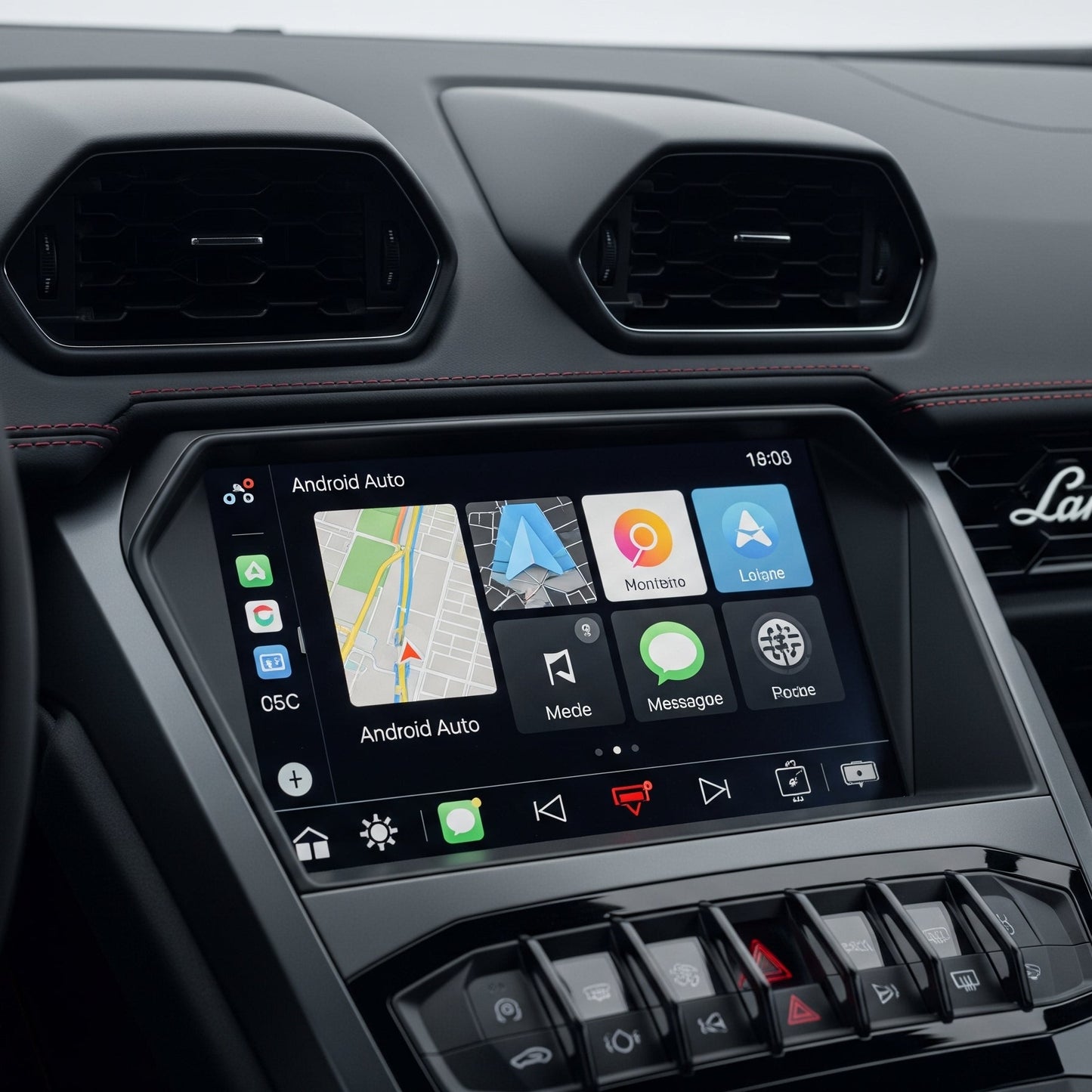 Lamborghini interior dashboard showing the integrated wireless Android Auto apps on the infotainment screen.