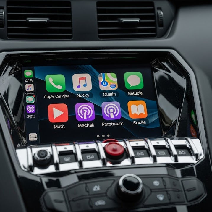 Lamborghini interior dashboard showing the integrated wireless Apple CarPlay apps on the infotainment screen.
