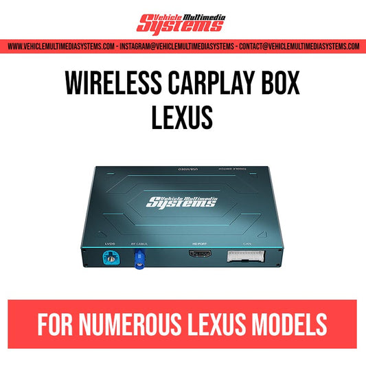 Vehicle Multimedia Systems wireless CarPlay box for numerous Lexus models, showing the black device with blue and red ports.
