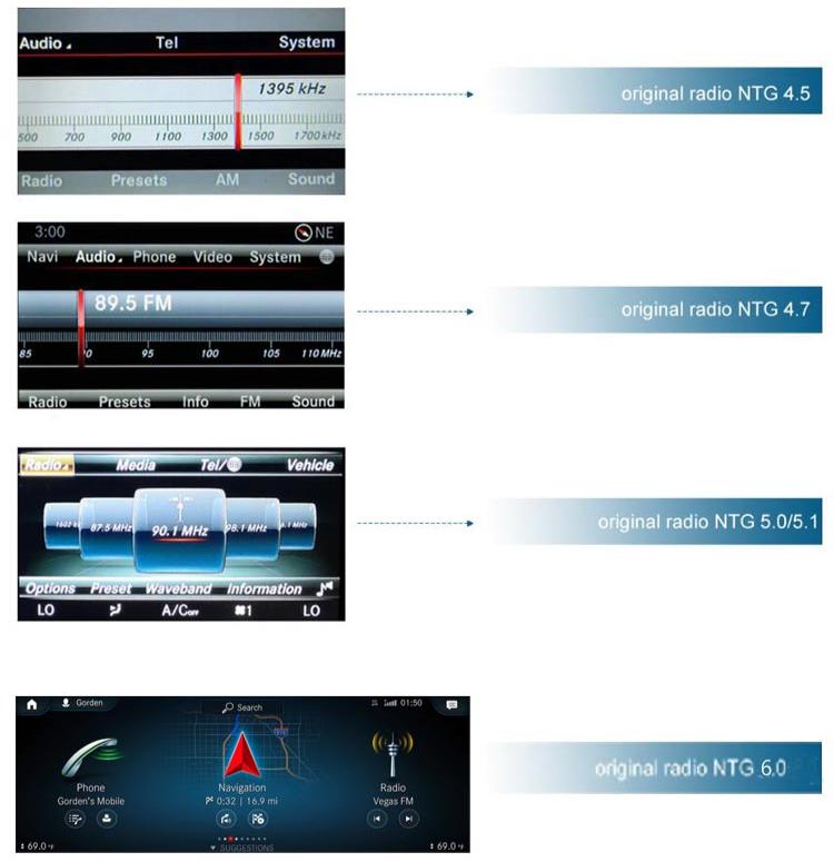 Multiple screenshots showing the user interface and various features of the NTG systems on a Mercedes-Benz infotainment screen