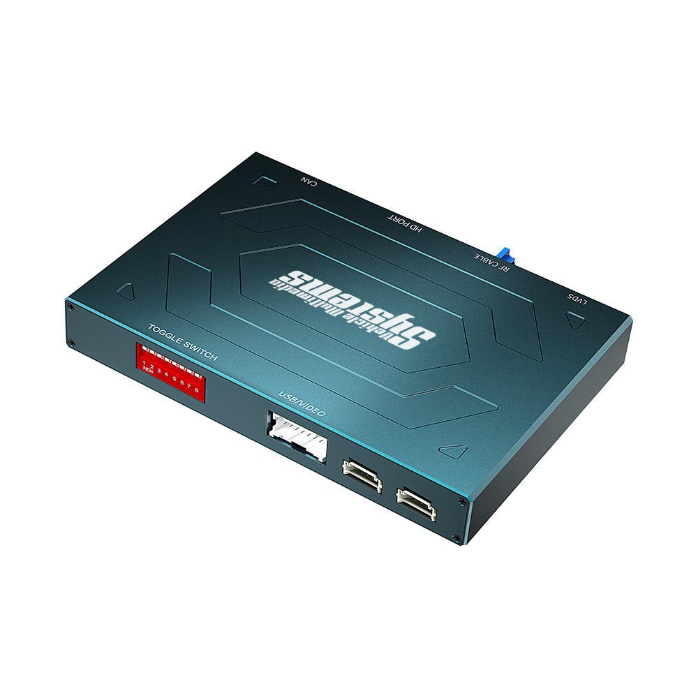 Top-down view of the black Vehicle Multimedia Systems wireless CarPlay box for Porsche vehicles.