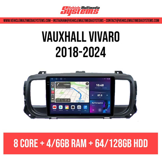 Integrated Android car screen unit specifically designed for Vauxhall Vivaro 2018-2024 models, featuring a display with navigation and multimedia apps, powered by an 8-core processor with 4/6GB RAM and 64/128GB storage for advanced performance.