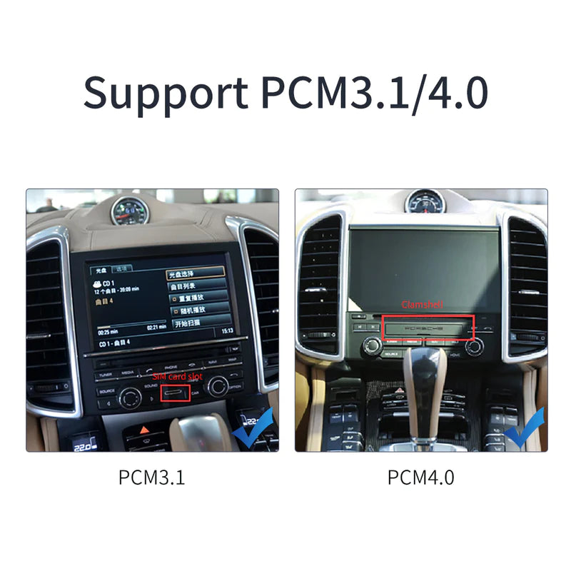 Screenshots showing the wireless CarPlay and Android Auto user interface on Porsche PCM 3.1 and PCM 4.0 infotainment systems.