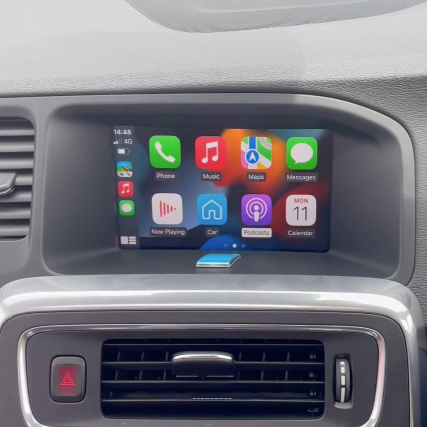 Volvo Sensus Connect infotainment screen displaying the integrated wireless Apple CarPlay interface.