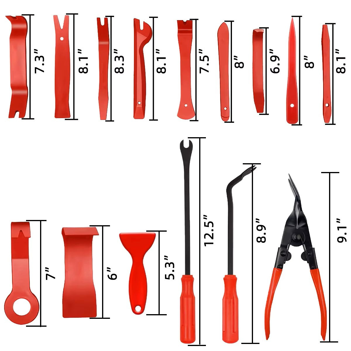 Full set overview of 38 professional automotive interior trim removal tools and specialized clip pullers.
