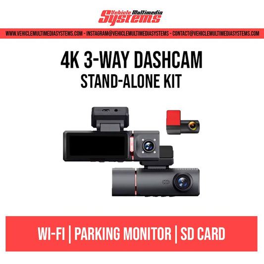 4K 3-way dashcam stand-alone kit with multiple cameras on a white background