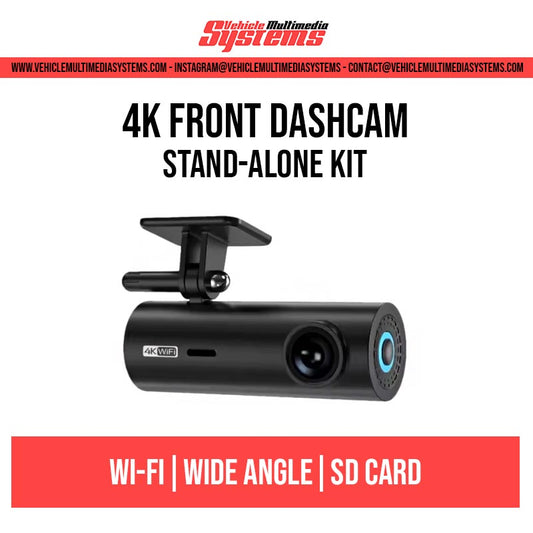 4K front dashcam stand-alone kit with Vehicle Multimedia Systems branding on a white background.