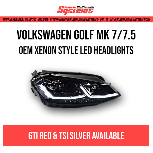 Volkswagen Golf MK7 MK7.5 LED headlights retrofit kit with LCI Xenon style and sequential dynamic indicators for halogen headlight models