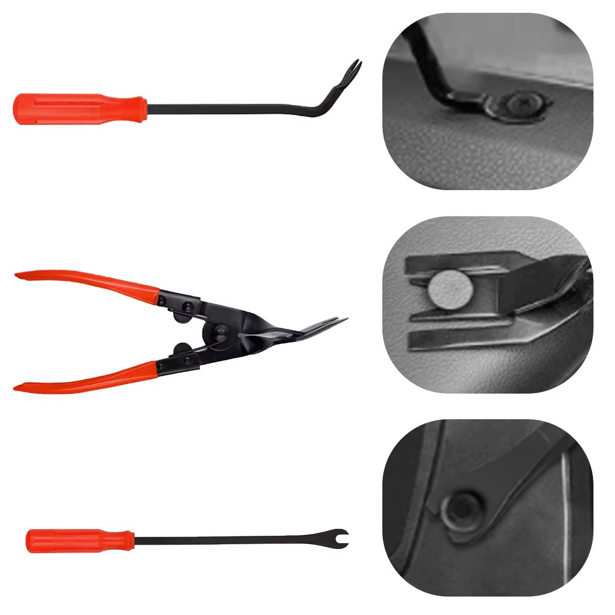 Close-up of specialized metal tools from the automotive trim removal kit, including clip pliers and disassembly tools.
