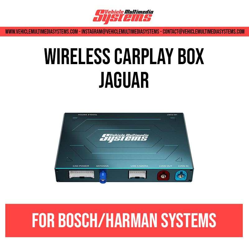 Vehicle Multimedia Systems wireless CarPlay box for Jaguar Bosch/Harman systems, showing the black device with blue and red ports.