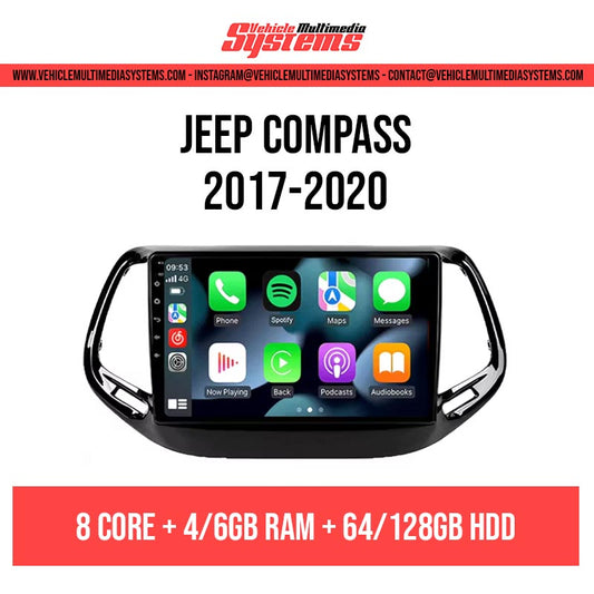 Android car multimedia system for Jeep Compass 2017-2020, showing a screen with app icons like Phone, Spotify, Maps, and Messages, alongside hardware specifications