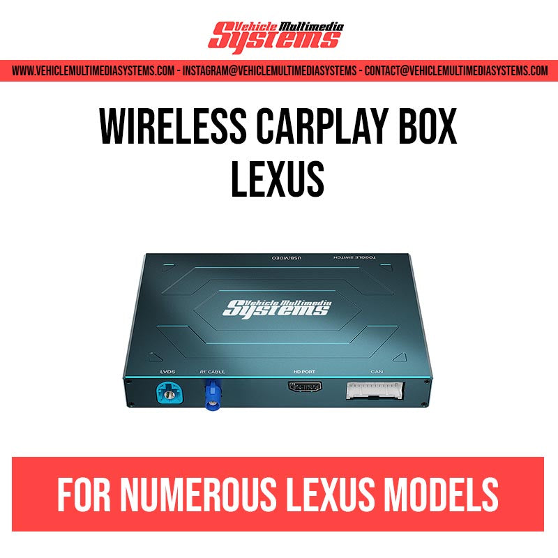 Vehicle Multimedia Systems wireless CarPlay box for numerous Lexus models, showing the black device with blue and red ports.