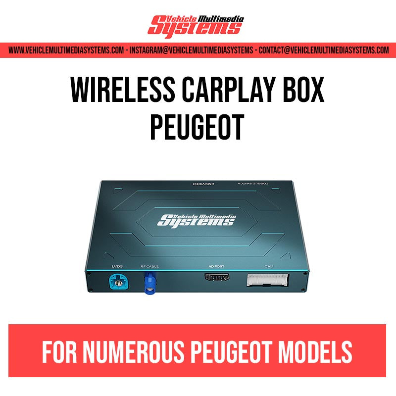 Vehicle Multimedia Systems wireless CarPlay box for numerous Peugeot models, showing the black device with blue and red ports.