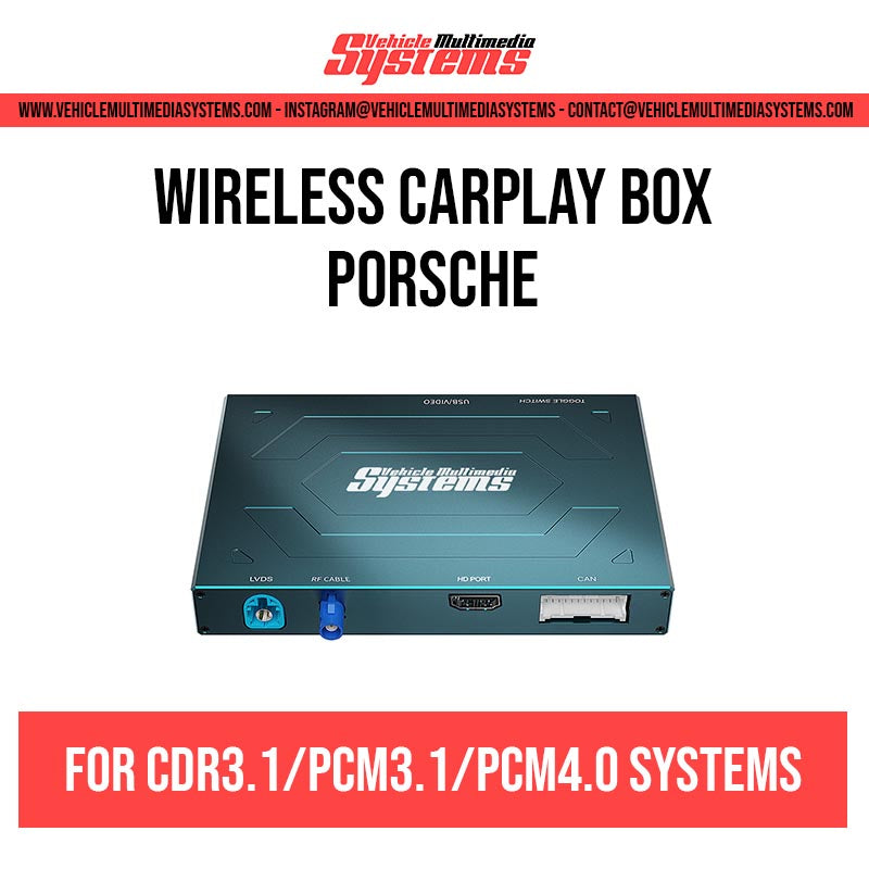 Vehicle Multimedia Systems wireless CarPlay box for Porsche CDR3.1/PCM3.1/PCM4.0 systems, showing the black device with blue and red ports.