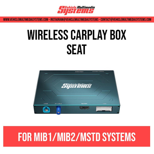 Vehicle Multimedia Systems wireless CarPlay box for SEAT MIB1, MIB2, and MSTD systems, showing the black device with blue and red ports.