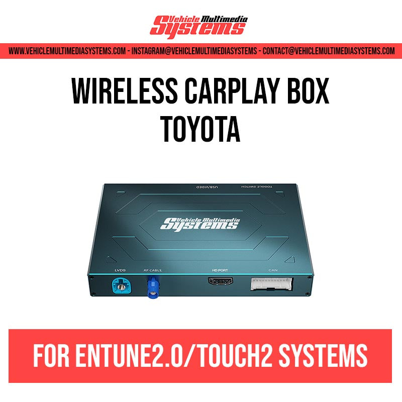 Vehicle Multimedia Systems wireless CarPlay box for Toyota Entune 2.0/Touch 2 systems, showing the black device with blue and red ports.
