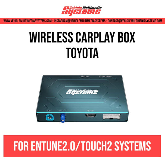 Vehicle Multimedia Systems wireless CarPlay box for Toyota Entune 2.0/Touch 2 systems, showing the black device with blue and red ports.