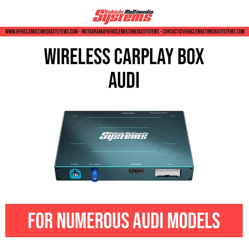 Vehicle Multimedia Systems wireless CarPlay box for Audi models, showing front and back views of the black device.