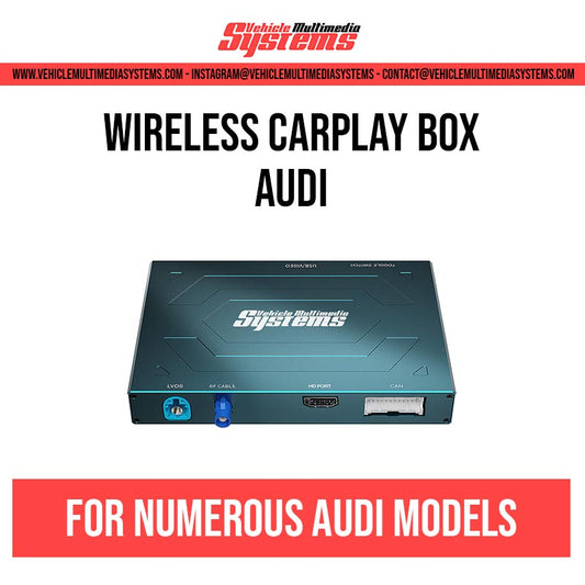 Vehicle Multimedia Systems wireless CarPlay box for Audi models, showing front and back views of the black device.