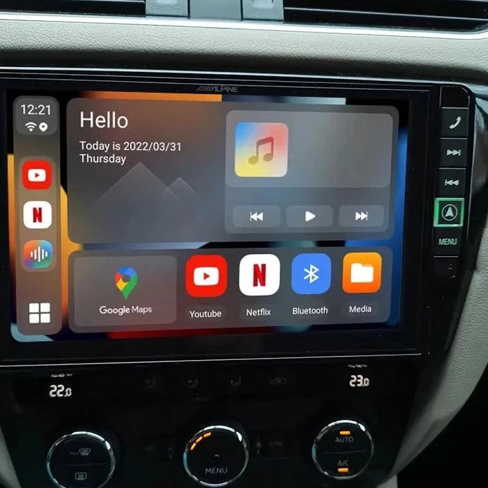 Peugeot interior dashboard showing the integrated wireless Apple CarPlay interface on the infotainment screen.
